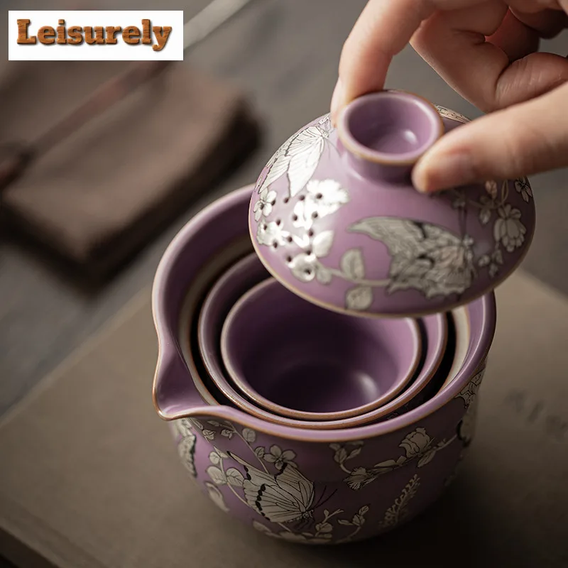 Gilt Silver Butterflies In Love With Flowers Gourd Travel Tea Set Kit Retro 1 Pot 2 Cups Tea Making Organizer Portable Handbag