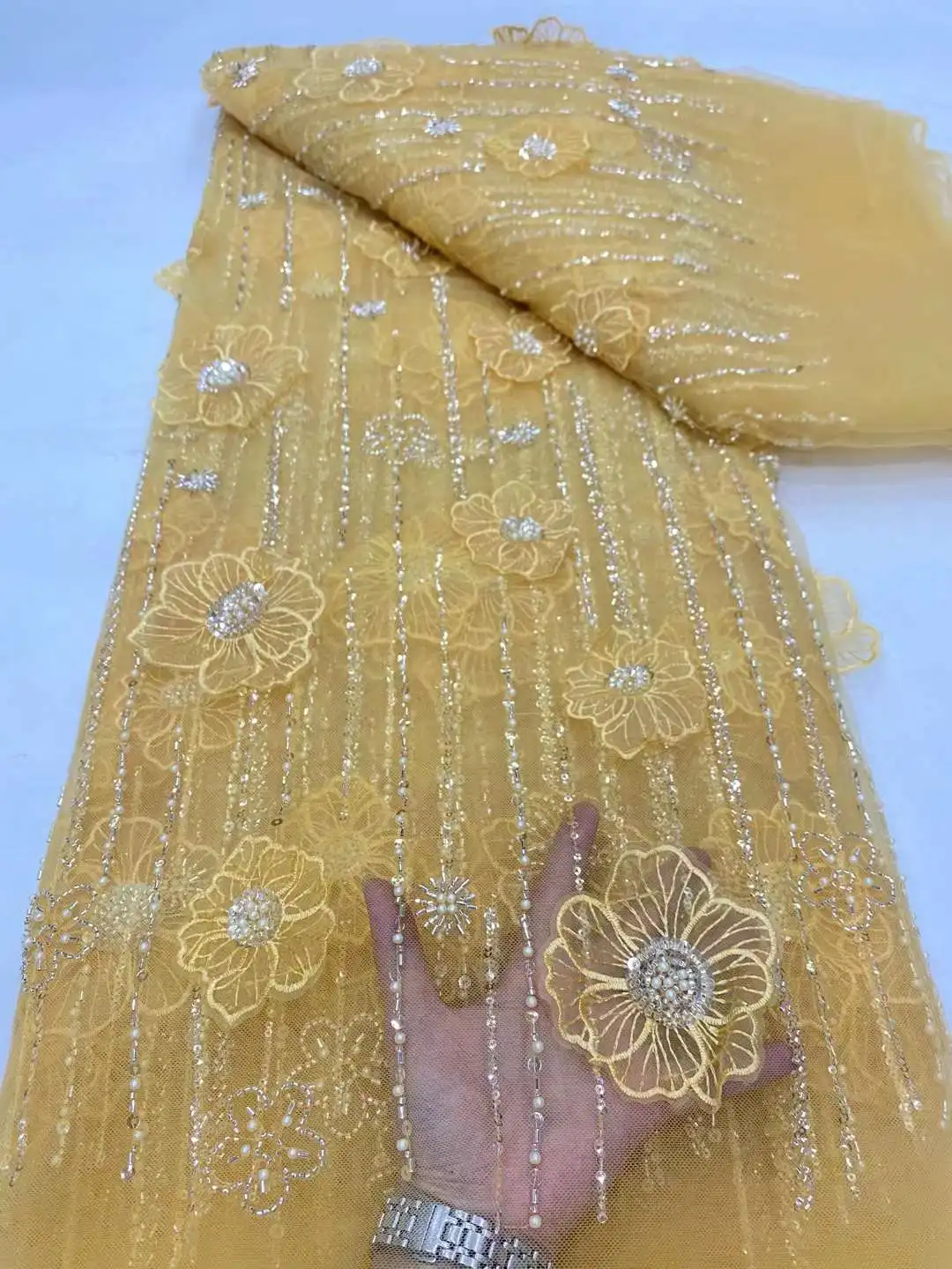 

African 3D Flower Applqiue Nigerian Lace Fabrics 2024 High Quality French Tulle Embroidery Sequins Pearls Beaded Lace Fabric DP