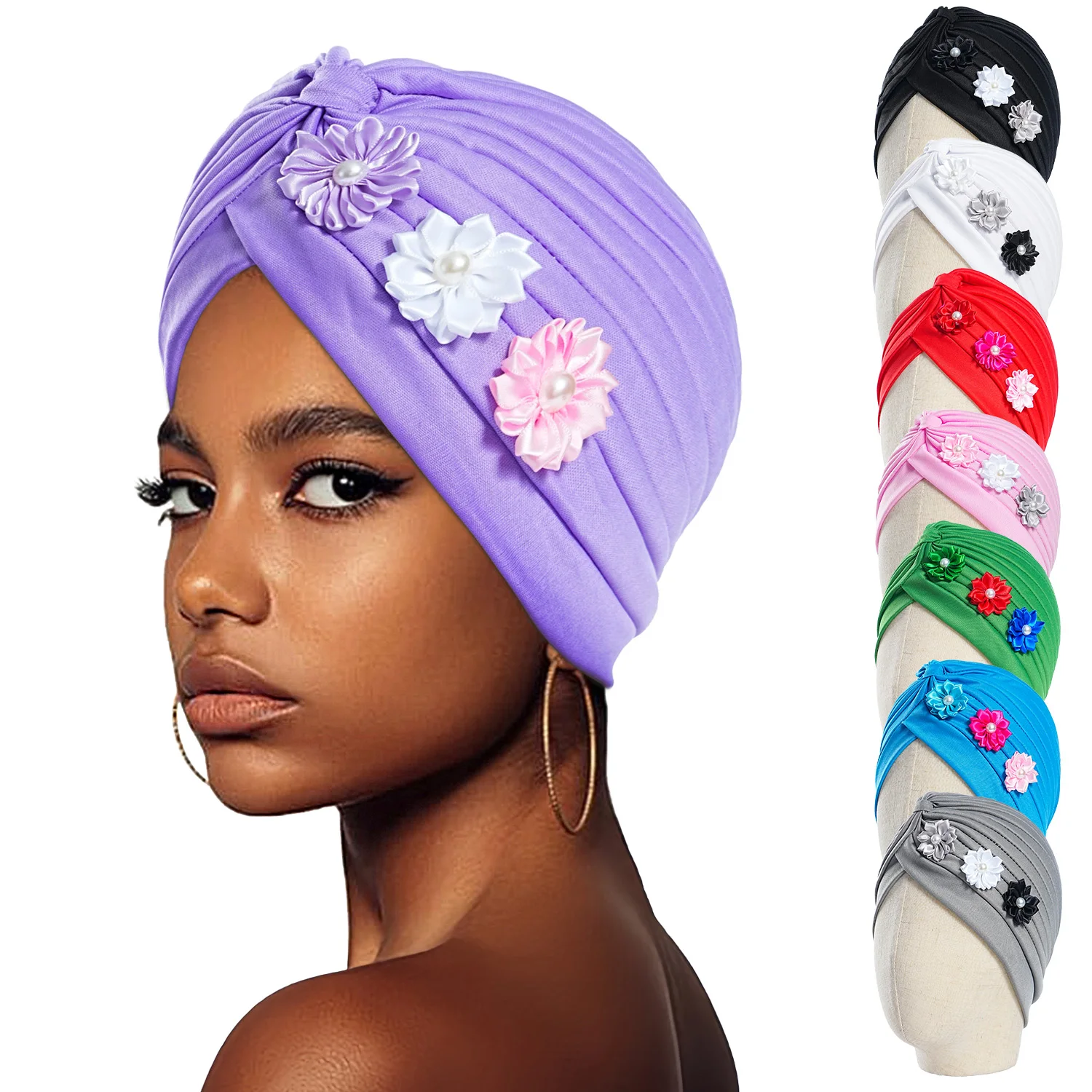 

2024 Bandanas Women Turban Flower Muslim Hat Headband Warp Chemo Hijab Knotted Indian Cap Head Wrap Party Headwear Turbante