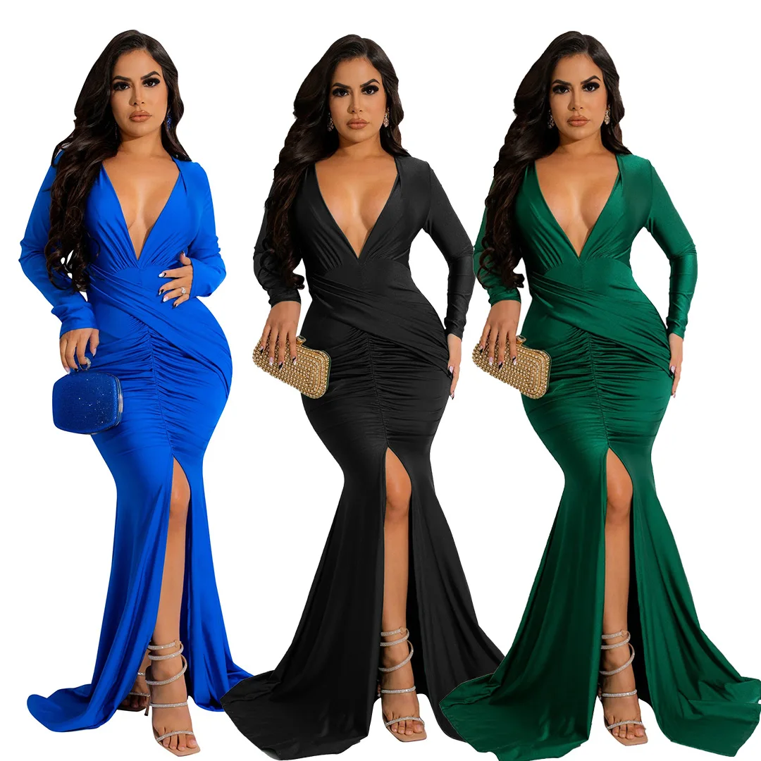 

High Split Out Deep V-neck Bodycon Pleated Dress Solid Color Slash Neck Birthday Dresses Slim Vestidos Women Party Night Outfits