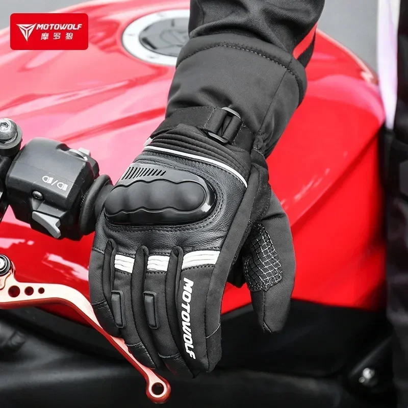 Winter Motorcycle Thermal Gloves - Fleece Windproof Leather Biker Gear, Waterproof