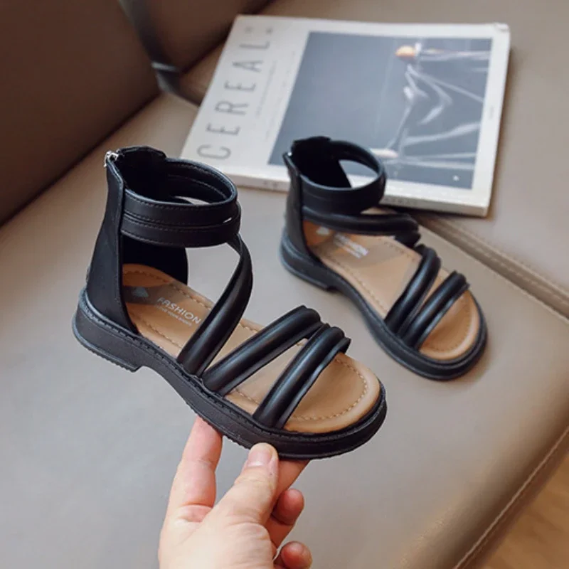 

Children Gladiator Sandals Summer Solid Color Girls Open-toe Sandals Fashion Cut-outs Kids Causal Beach Roman Sandals Back Zip