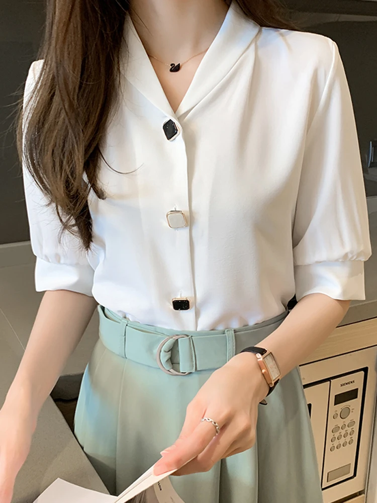 Блузка женская с коротким рукавом белая шифоновая блузка рубашка женские топы