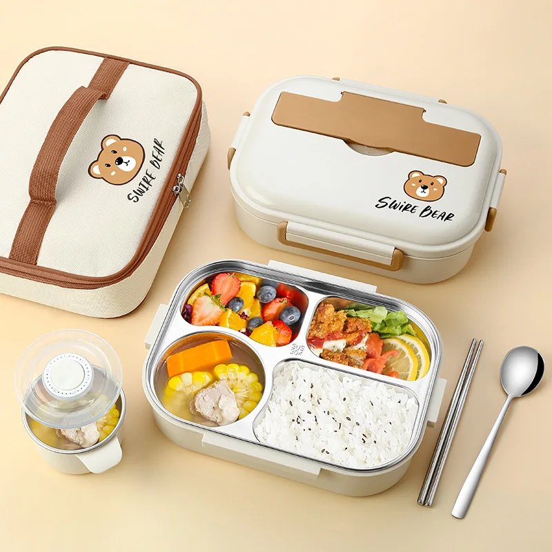 

Cute Stainless Steel Thermal Insulated Lunch Box Office Worker School Students Compartment Bento Box With Tableware Microwavable