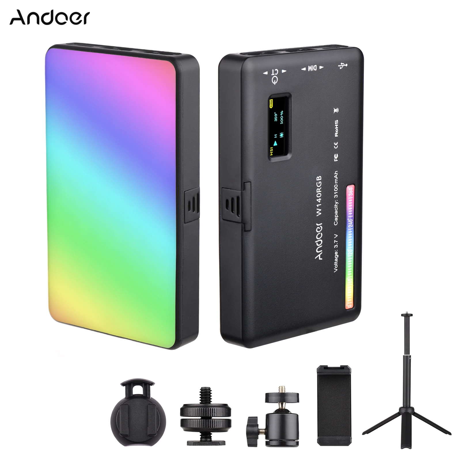 Карманный Комплект освещения для видеоконференций Andoer W140 RGB CRI95 + 2500K-9000K с