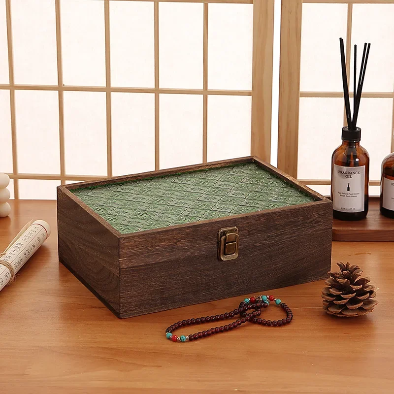 Begonia Flower Glass Desktop Storage Solid Wood Box Household Rectangular Covered Jewelry Certificate Necklace Storage Box 2