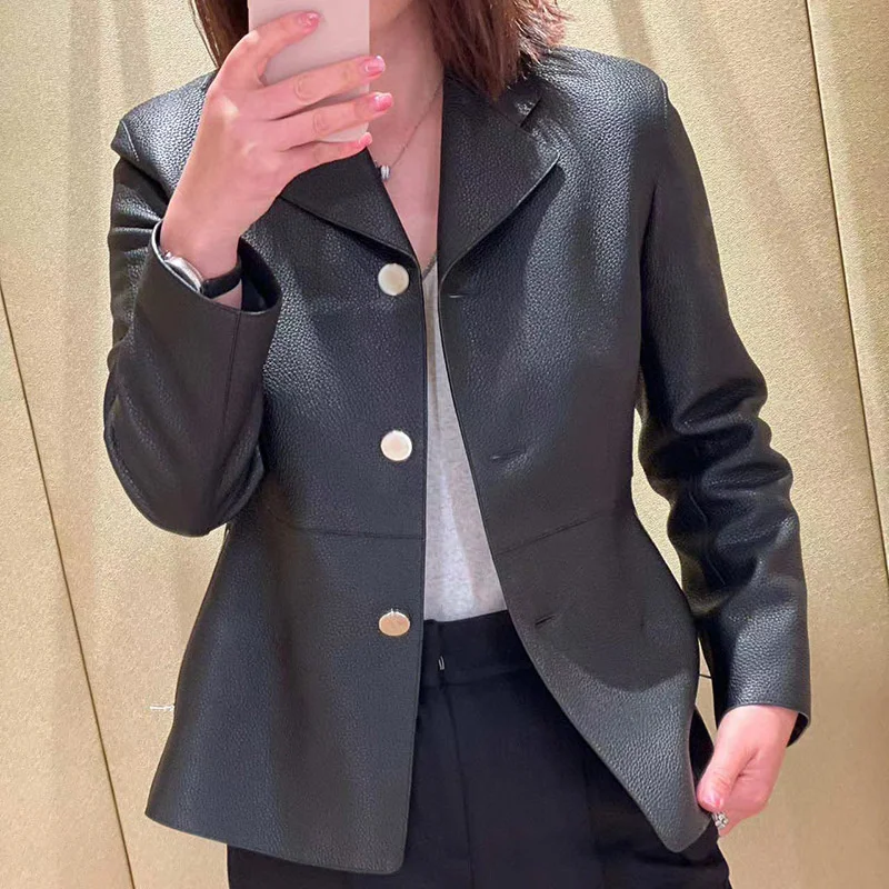 

Genuine Leather Coat Autumn/Winter New Sheepskin Rice Grain Flap Collar Single breasted Slim Fit Suit Coat for Women