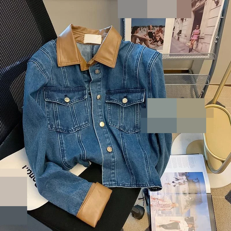 

Women's color-blocking loose short denim jacket design sense shirt top 2023 spring, autumn and winter new style