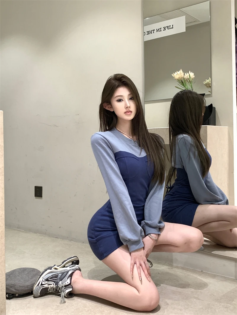 Sexy Patchwork Mini Dresses Women Long Sleeve Bodycon Lace-up Hollow Out Y2K Club Party Dress Korean Fashion Autumn New Vestidos