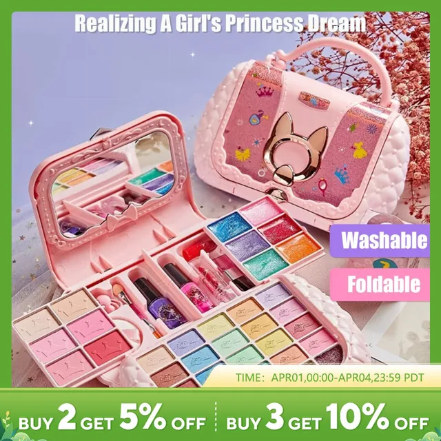 Kit de maquillaje de juguete de belleza para niños, bolsa pequeña lavable, juego de simulación, juego de cosméticos, juguetes con espejo, no tóxico y seguro, regalos de cumpleaños para niñas