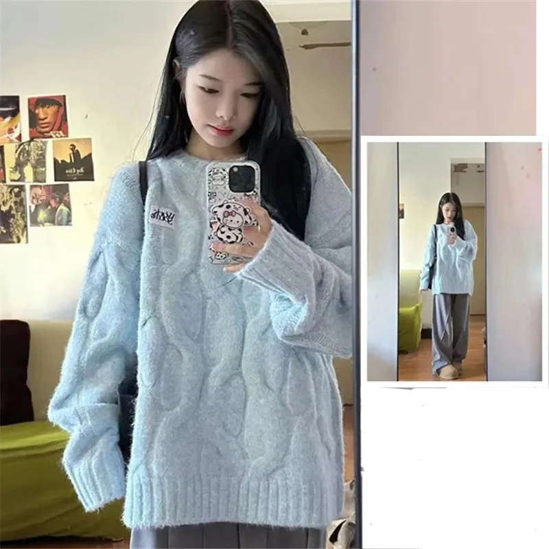 

New Loose Round Neck Long-sleeved Twist Sweater Sweater Female Autumn And Winter Gentle Korean Lazy Wind Students Bottoming Coat