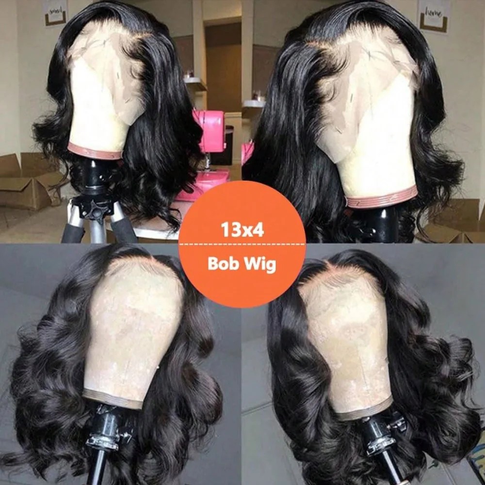 13x4 Lace Front Wigs Human Hair Pre Plucked Glueless Wigs Blended Human Hair 16 Inch Short Bob Wigs 200% Density 13x6