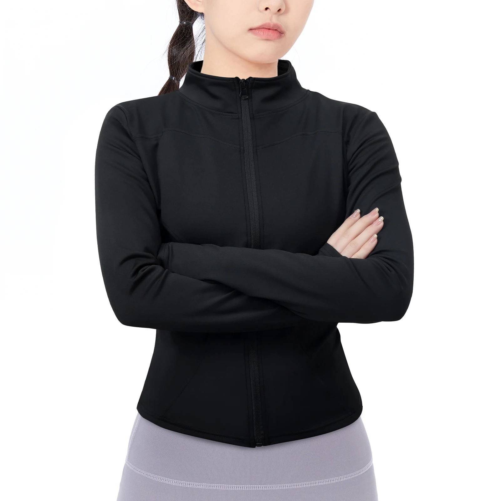 Women’s Zip-Up Mock Neck Workout Jacket with Thumb Holes