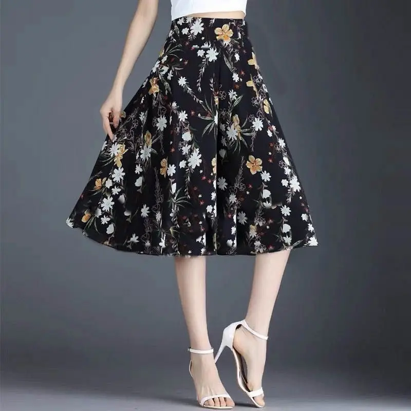Summer Women's Thin Casual Skirt Pants Loose High Waist Floral Fragmented Wide Leg Cropped Pantskirt