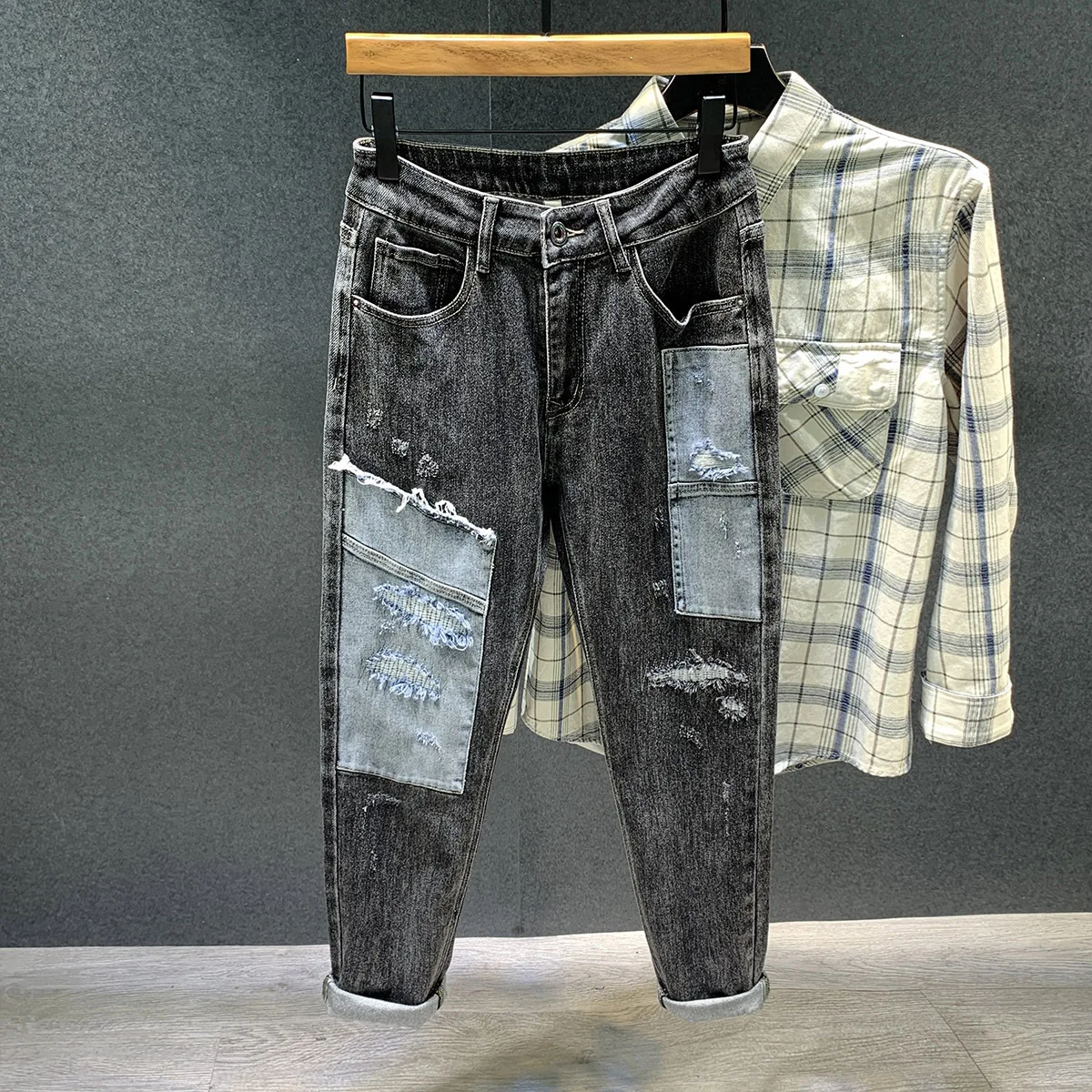 Patchwork Jeans Men Mixed Color Ripped Hole Jeans Pants Simple American Slim Fashion Stretch Personality Denim Trousers