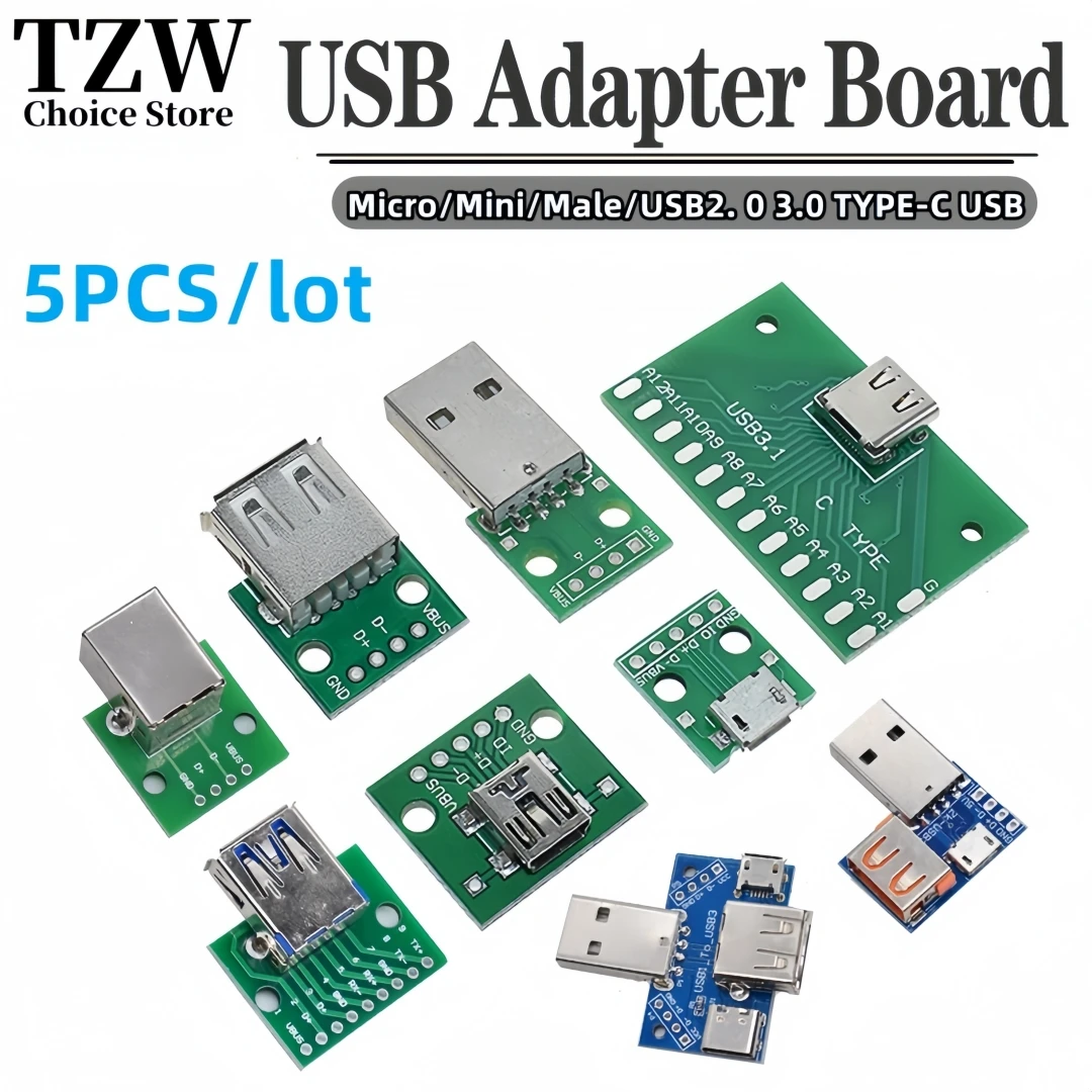 5pcs Micro Mini USB USB A Male 2.0 3.0 A Female B Connector Interface to 2.54mm DIP PCB Converter Adapter Breakout Board