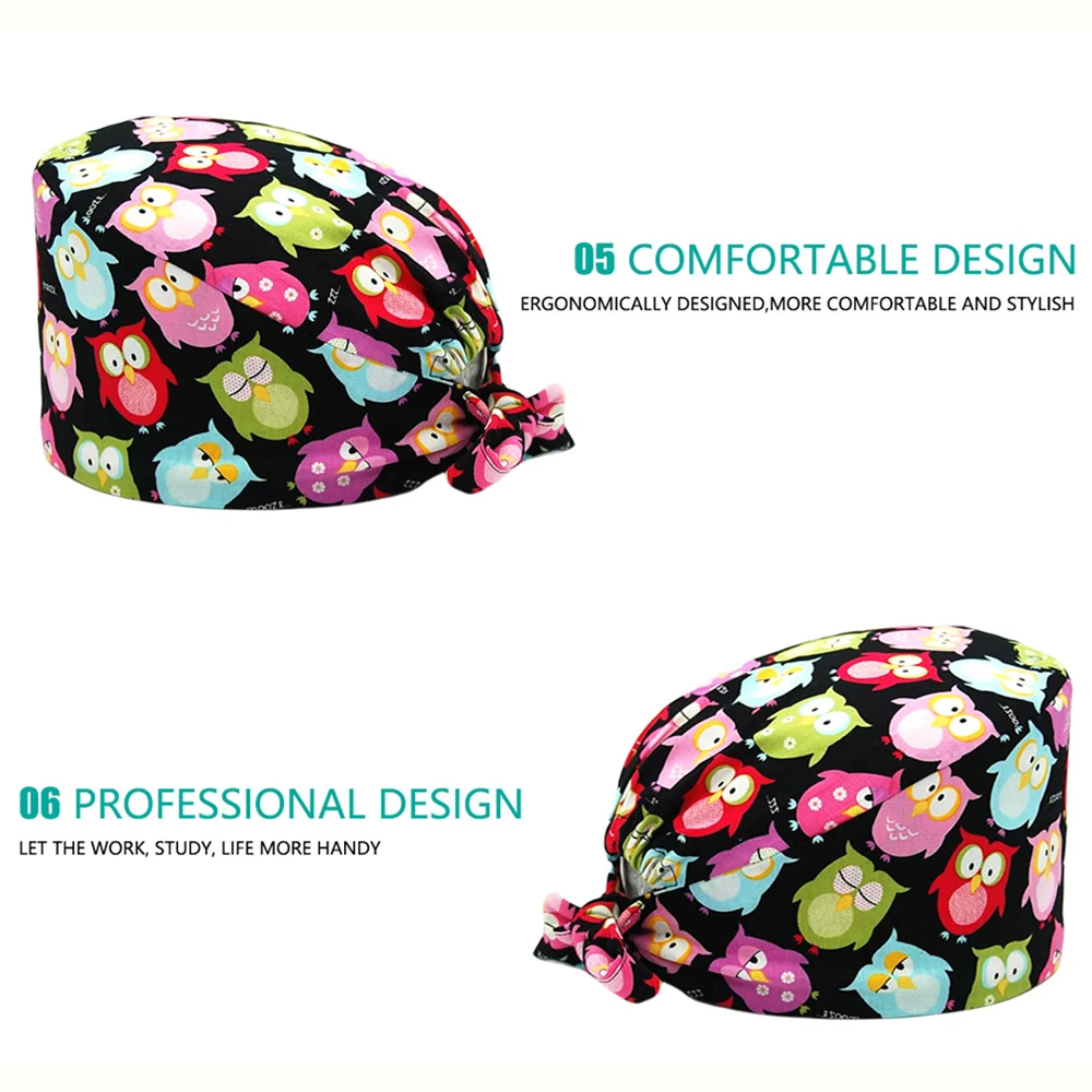 Cotton Scrub Cap for Women Men Printed Chef Dentist Working Hat Adjustable Breathable Soft Surgeon Hats