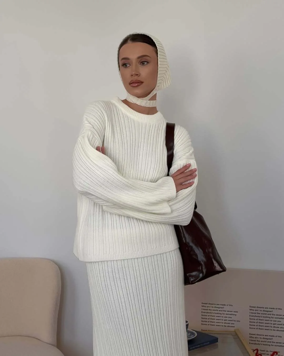 Hirsionsan Sexy Soft Elegant Vintage Women Suits 2 Pieces Female Sets Polo Neck Cardigan Sweater & Midi Dress Knitted TrackSuit Image 8