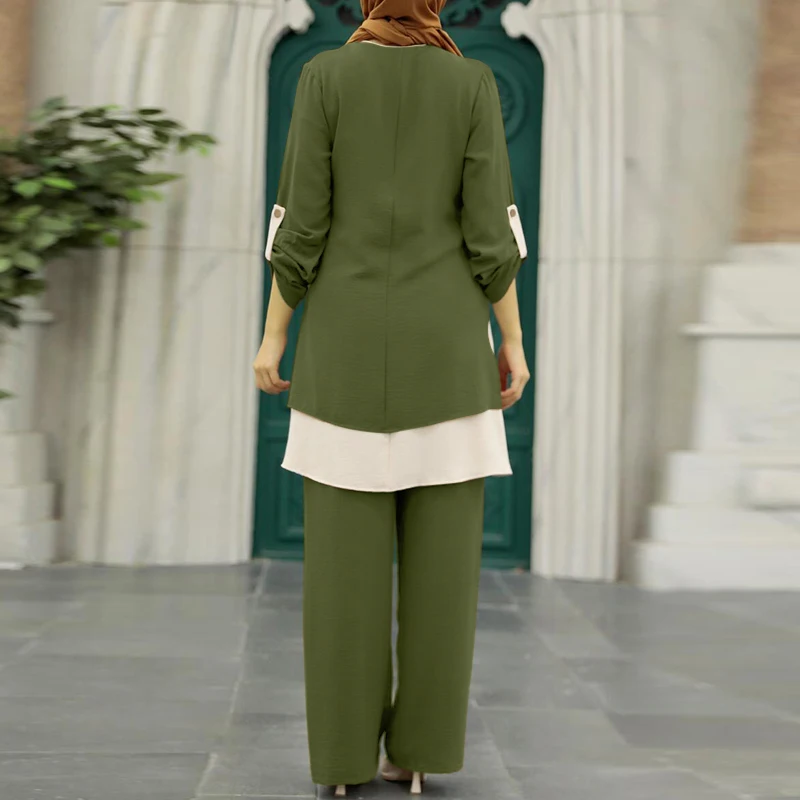 2PCS Muslim Sets ZANZEA Two Piece Sets Womens Vintage Patchwork Blouse Suits Outifits Casual Abaya Hijab Trousers Sets Tracksuit
