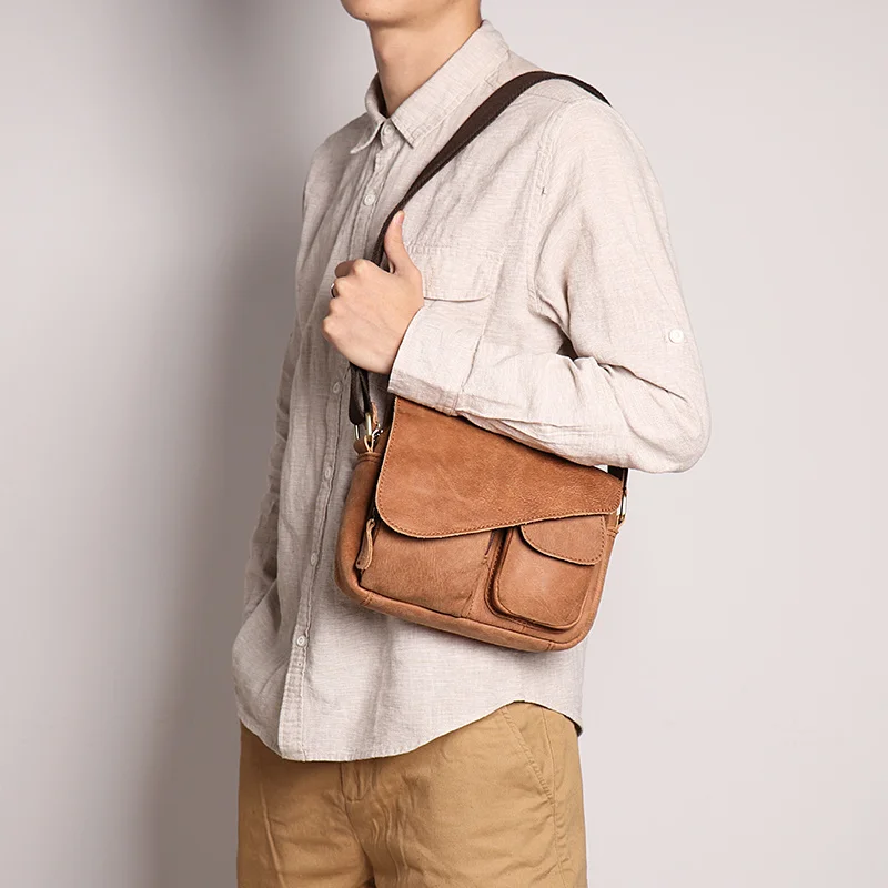 

Men Vintage Multi-pocket Messenger Bag Nubuck Genuine Leather Flap Crossbody s Daily Party Small Satchel for Man