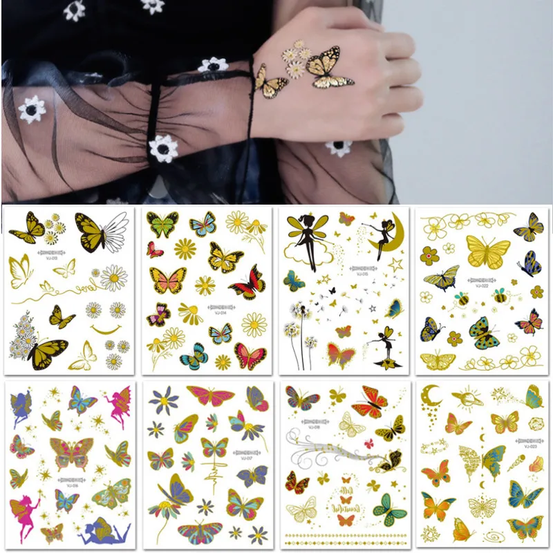 

Gold Elegant Butterfly Temporary Tattoos for Women Fairy Fake Tattoo Stickers for Body Hands Wrist Tatouage Temporaire Femme
