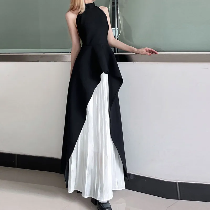 ONEINALL Hit Color Two Piece Set For Women Halter Sleeveless Backless Asymmetrical Top High Waist Pleated Skirt Chic Sets Female