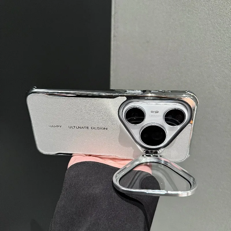 PU Leather Electroplated Frame Case with Camera Protection and Bracket Stand