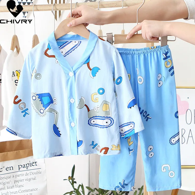 

New 2023 Kids Boys Girls Summer Thin Pajamas Homewear Cute Cartoon V-neck T-Shirt Tops with Pants Baby Sleeping Clothing Sets