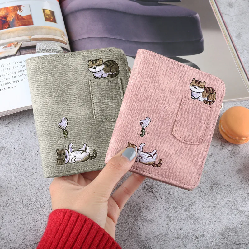 2024 Women Embroidery Cat Purse Zipper Coin purse Short Mini Cards Holder For Girl purse