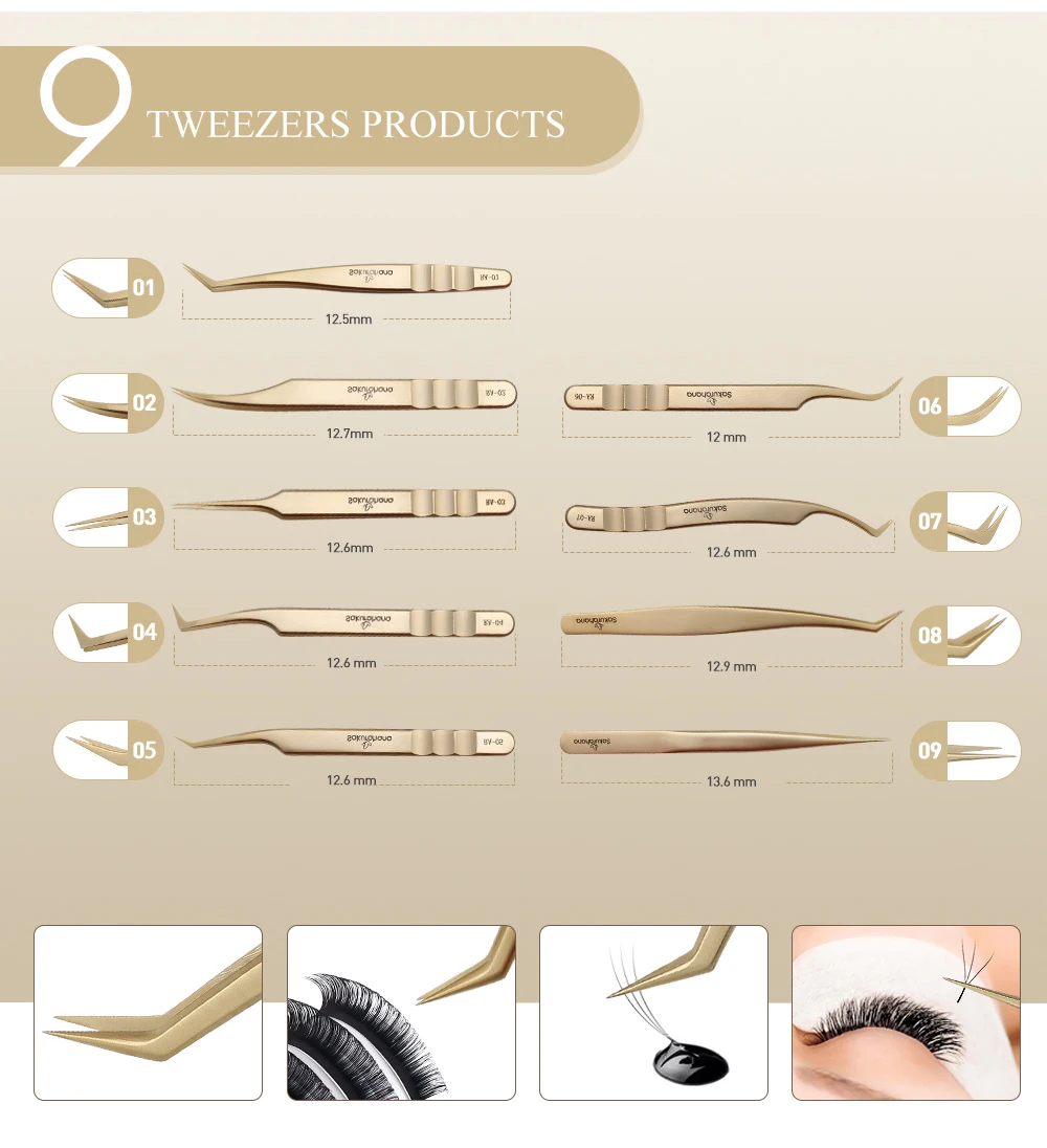 Sakurahana Präzisionspinzette mit Faserspitze, Wimpernverlängerung, Edelstahl, Goldgriff, Wimpern, rutschfest, Gold, Edelstahl – Detail 4