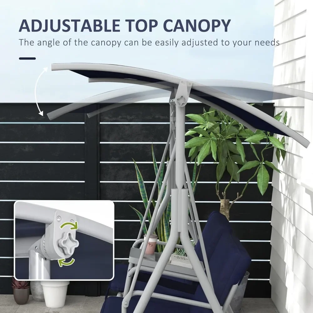 2 Person Porch Swing with Stand, Outdoor Swing with Canopy, Pivot Storage Table, 2 Cup Holders, Cushions for Patio, Backyard 4