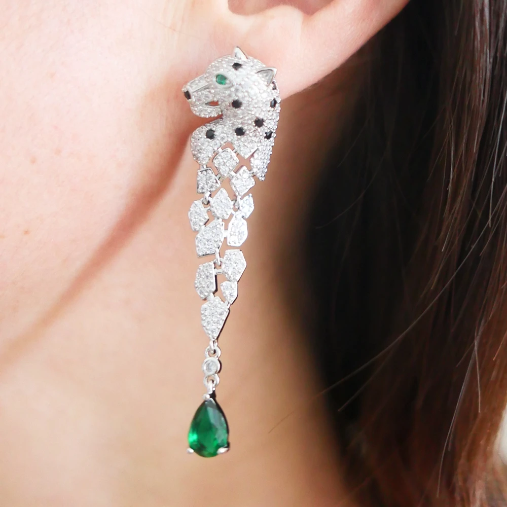 Leopard Long Dangle Earring Panther Earrings with Green Emerald Color AAA+ Zircon Stone 925 Silver Ear Pin Jewelry For Women