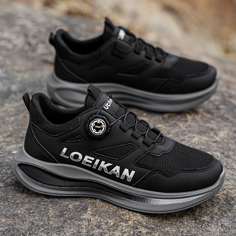 LOEIKAN Men's Rotating Button Running Shoes, Breathable Mesh Quick Lacing Athletic Sneakers 5