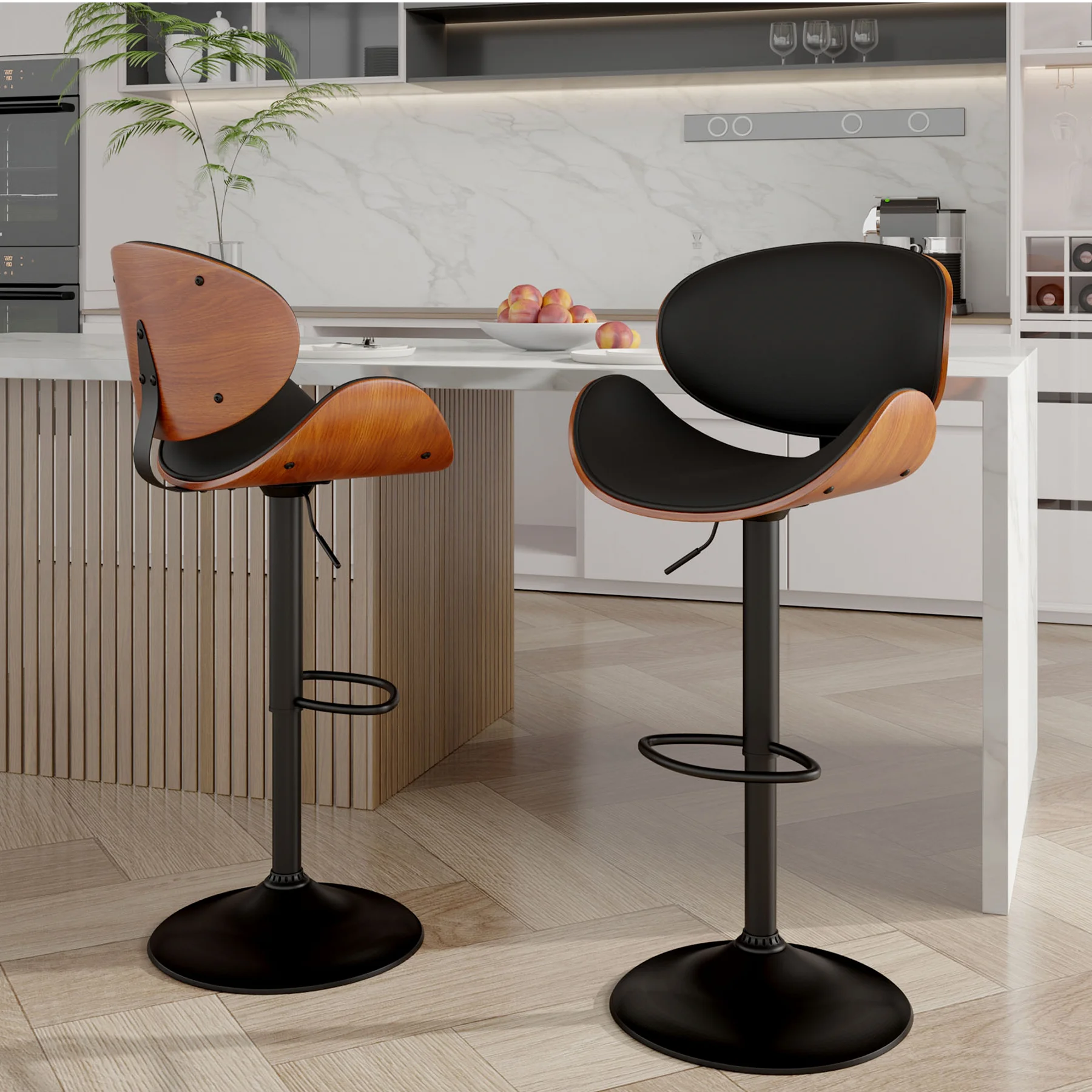 Rotating Bar Stool 2-Piece Set with Backrest and Footstool, Pu Leather Cushion Counter Height Bar Chair for Kitchen and Restaurant