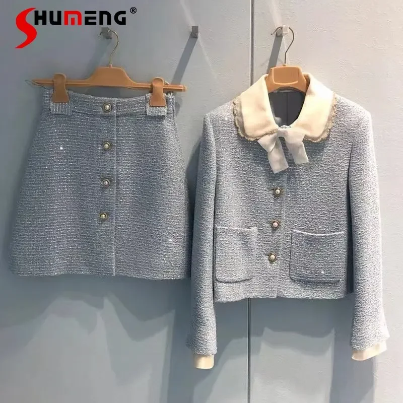 

Sweet Doll Collar Long Sleeve Tweed Coat Skirt Outfit Women Autumn Winter New Clothes Hip Mini Skirt Woolen Two-Piece Sets Suit