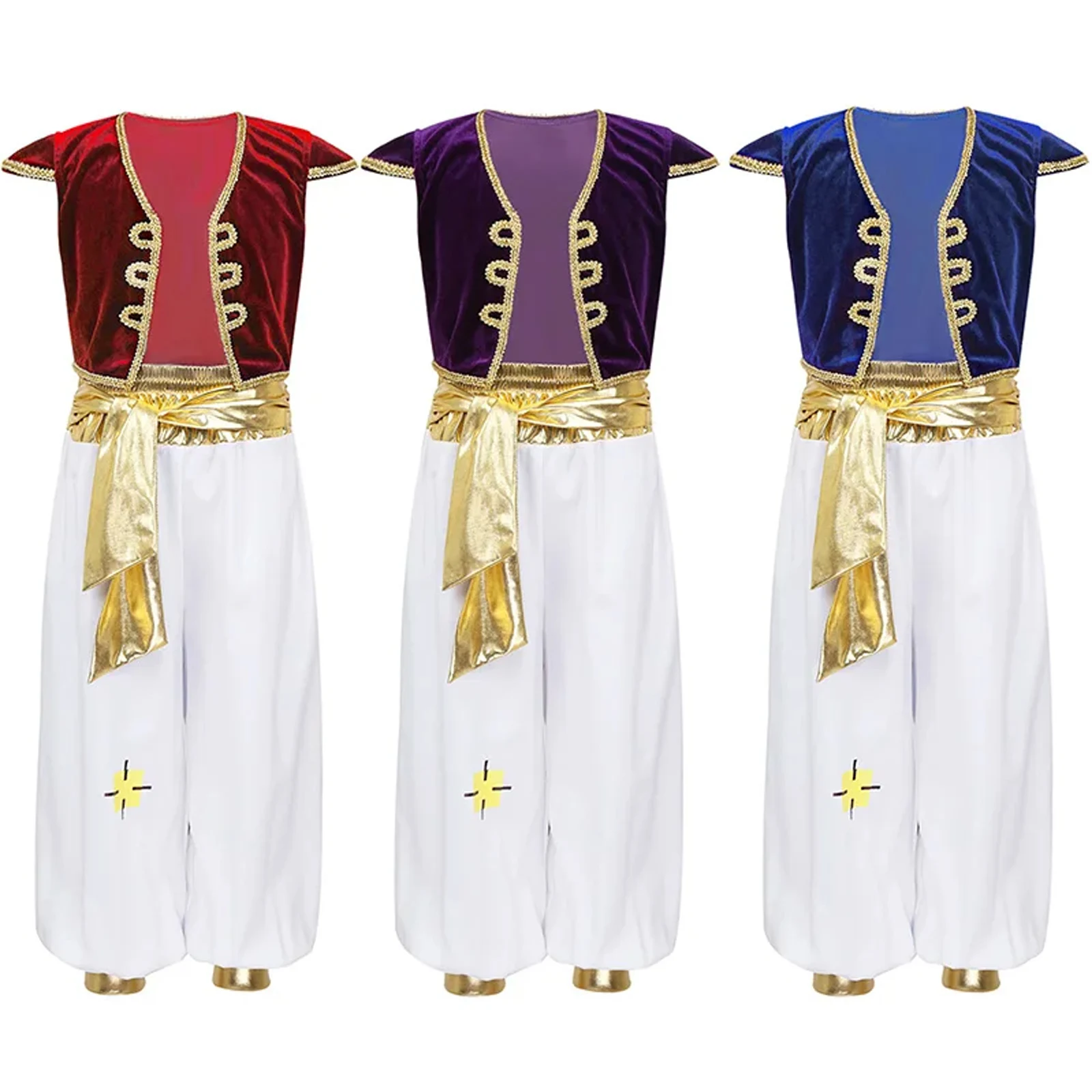 

Kids Boys Children Arabian Prince Lamp Cosplay Costumes Cap Sleeves Vest Waistcoat with Pants Set for Halloween Parties Dress Up