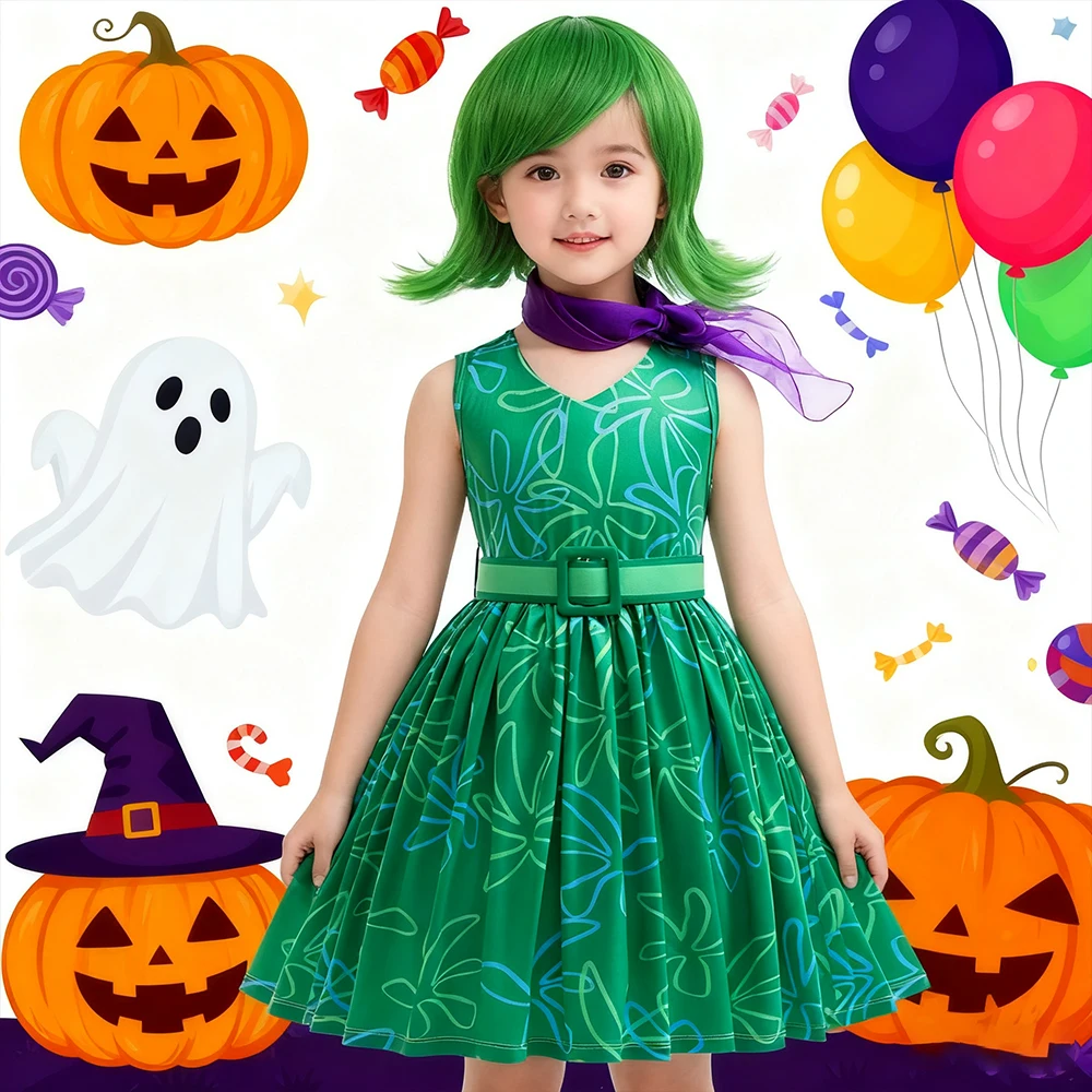 Girls Inside Out Disgust Cosplay Halloween Costumes Birthday Party Dresses Children's Role-playing Christmas Carnival Clothing