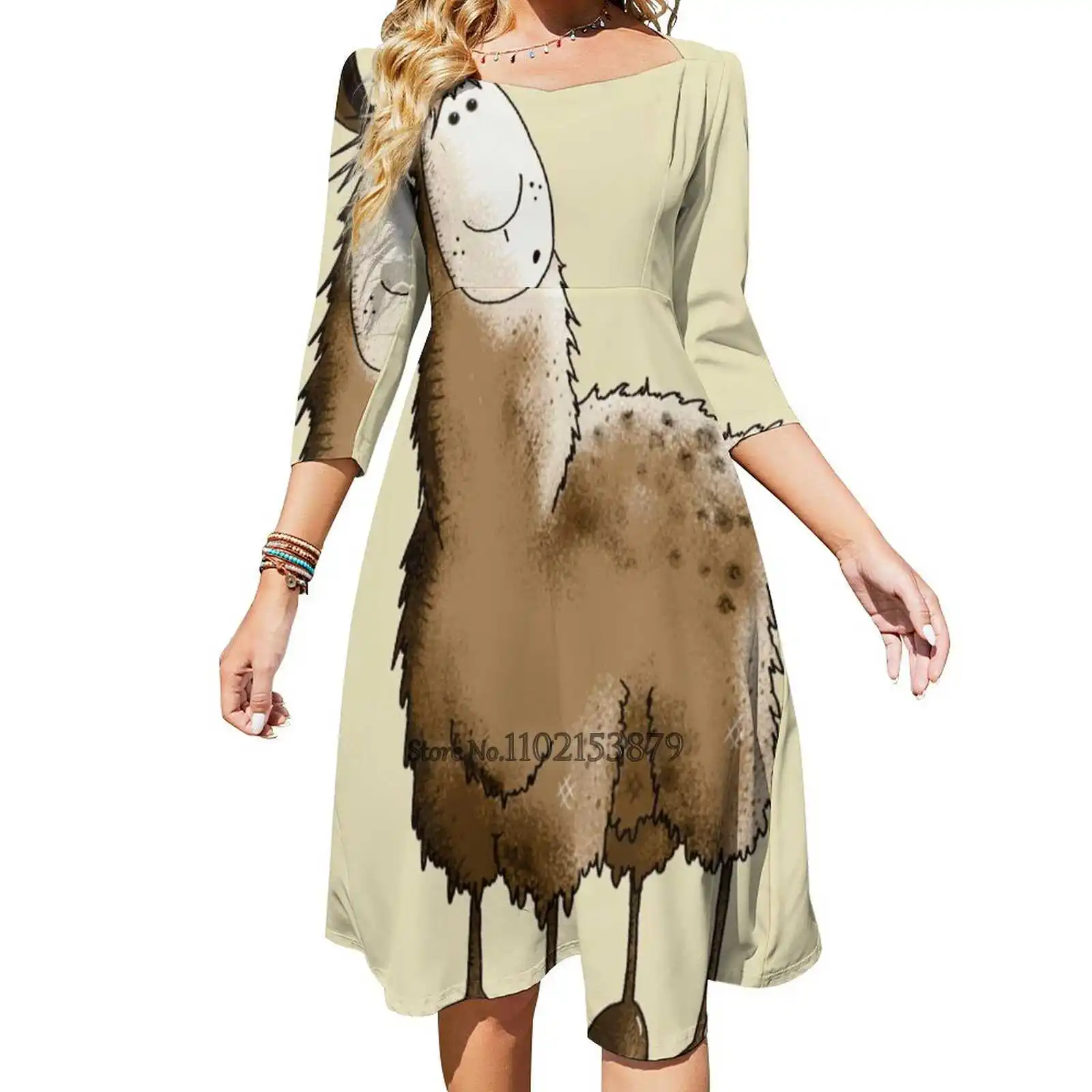 

Fluffy Llama Back Lacing Backless Dress Square Neck Dress New Elegant Women Waist Tight Dress Llama Llama Llama Cartoon Lama