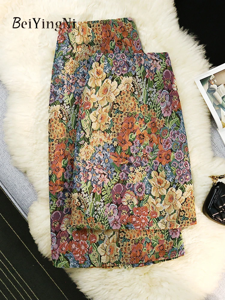

Beiyingni Korean Casual Vintage Pencil Midi Skirts Women Floral Printed Slim Fit Fashion High Waisted Short Mini A-line Skirt