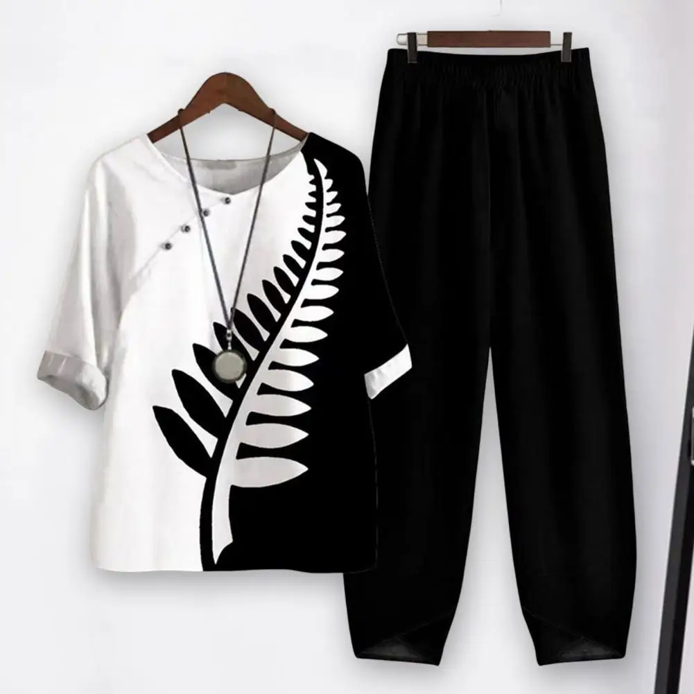 

1 Set Two Pieces Set Round Neck Blouse Trousers Flower Pattern Pullover Top Pants