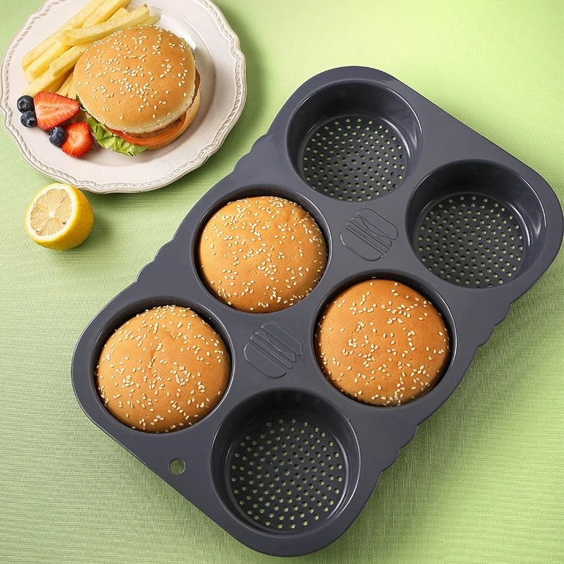 

Silicone Hamburger Bun Mold 6 Cavities Bread Mold Non-Stick Hamburger Bun Pan Flexible Reusable Kitchen Pastry Baking Tray