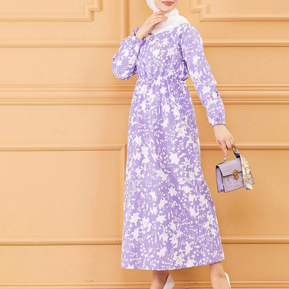 

Модные мусульманские хиджаб платья для женщин с принтом О-образный вырез с длинным рукавом Дубай мусульманская одежда тонкая талия повседневное Макси платье