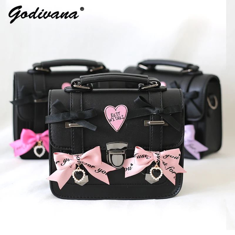 

Sweet Cool Black Pink Japanese JK Uniform Bag Mine Bow Satchel College Style Crossbody Leather Shoulder Messenger Bag for Women