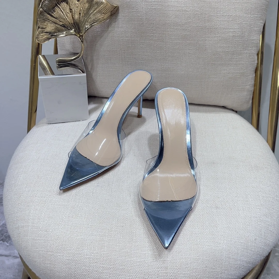 Fashionable and minimalist transparent high heel slippers with thin heels and pointed toes, and open toe sandals
