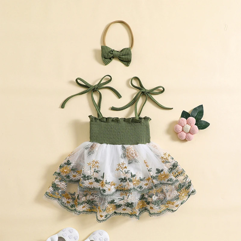 

Boho Baby Girl Clothes Newborn Summer Outfits Short Sleeve Ribbed Romper Bodysuit Embroidery Tutu Photoshoot Dress