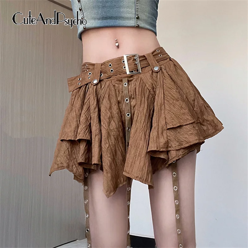 

Cuteandpsycho Vintage Chic Y2K Brown Irregular Skirts Aesthetic Fairycore Pleated Mini Skirts for Women Harajuku 2000s Bottoms