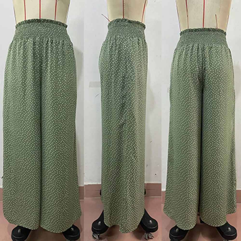 Summer Women's Wde Leg Long Pant with Elastic Waistband Boho Polka Dot Women Casual Loose Pants High Waist Printed Baggy Trouser