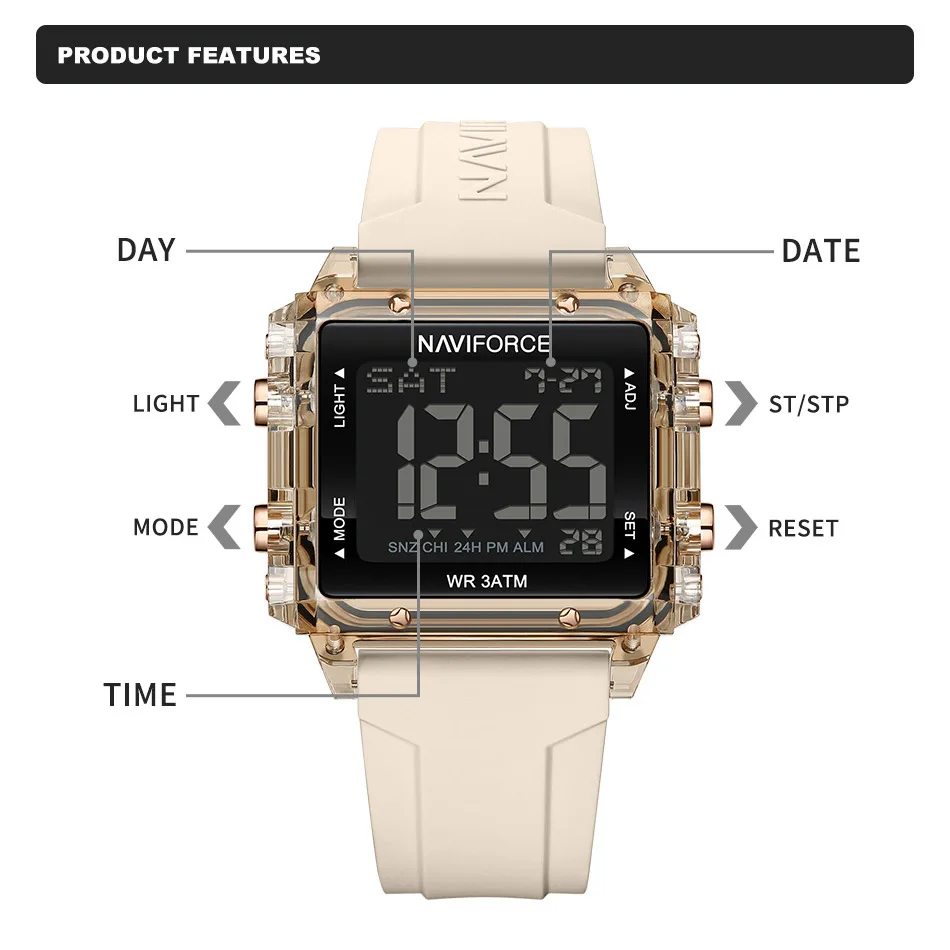 Digital Watch NAVIFORCE Women Sport Digital Watch Waterproof Silicone Electronic Wristwatch Square LED Clock Relogio Feminino