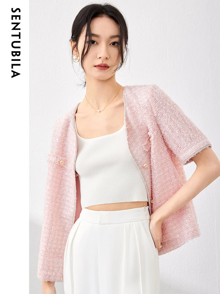 

Sentubila Women's Short Sleeve Jacket 2023 Summer Crew Neck Single Breasted Temperament Crop Outerwear Office Lady Top 132W47562