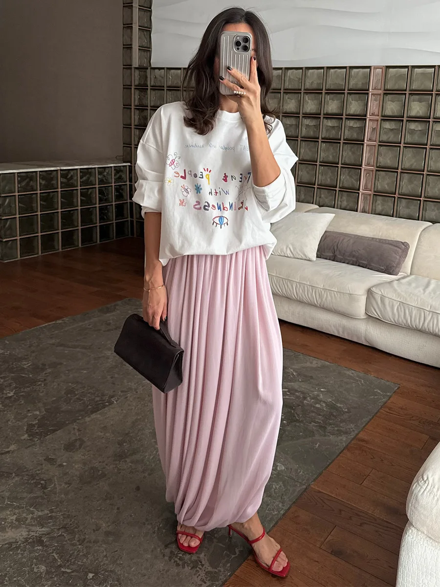 Bornladies Women's Spring Summer New Elegant Street Style Skirt Fashion Loose Ruched Draped Split Maxi Skirt